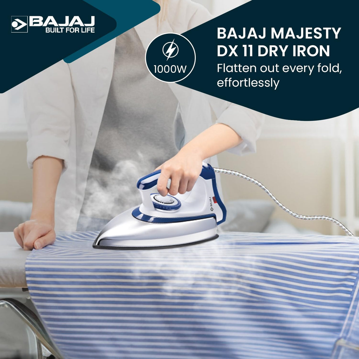 Bajaj Stainless Steel Majesty DX-11 1000 Watts Dry Iron (White & Blue)