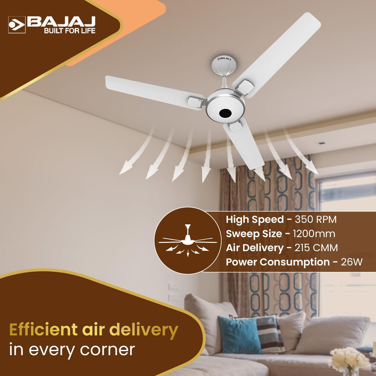 Bajaj Ethora Plus 1200mm High Speed BLDC Ceiling Fan with Remote 【White Chrome】
