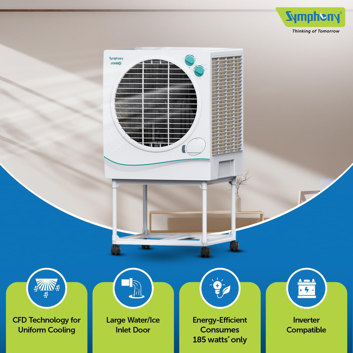 Symphony Jumbo 51 Desert Air Cooler With Trolley (51L, White)
