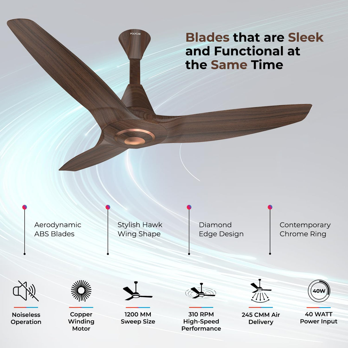 Polycab Silencio Cruiser 1200mm Ceiling Fan (Walnut Wood Copper)