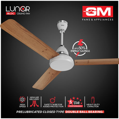 Ceiling fan with wooden blades on a dark background, featuring GM Fans & Appliances branding.