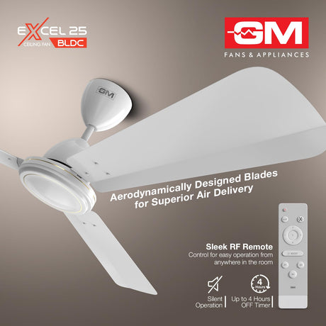 Ceiling fan with remote control on a gray background, featuring GM Fans & Appliances branding.