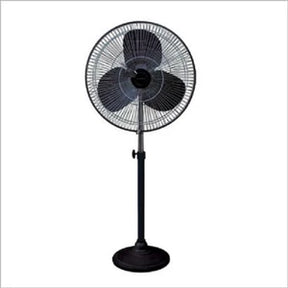 A dark grey Crompton Brizstar Farrata 500 mm 3 Blade Pedestal Fan with a metal grille and a pedestal base.