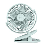 Light blue clip fan on a white background