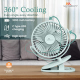 Portable fan with 360-degree cooling on a wooden surface, featuring RR Signature branding.
