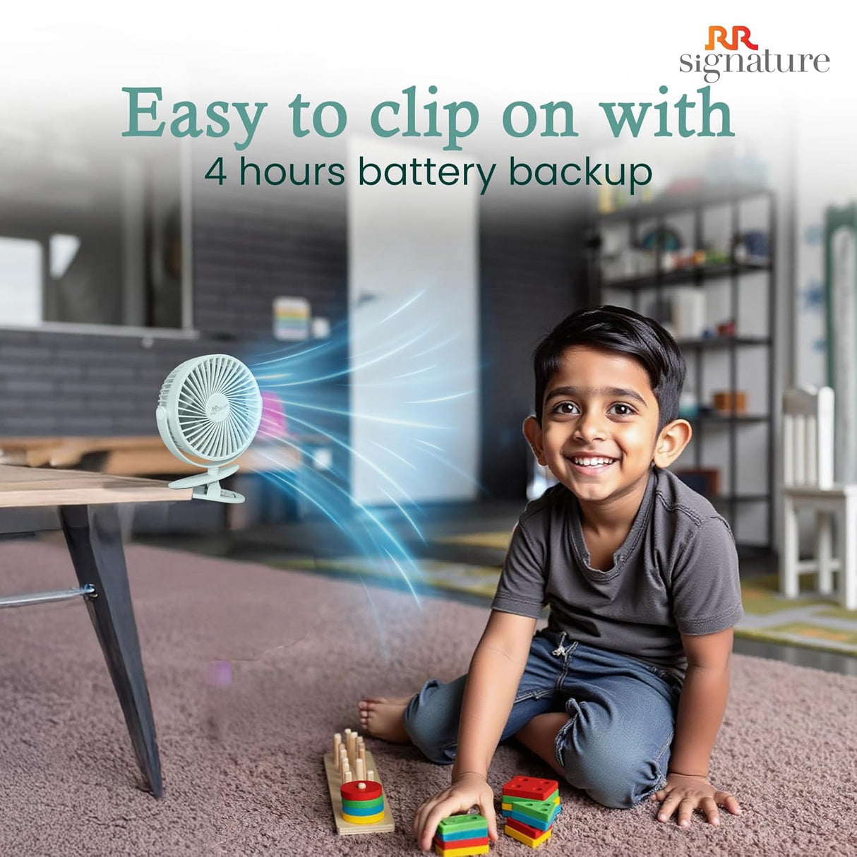 Child playing with toys in a room with a small fan and text about battery backup.