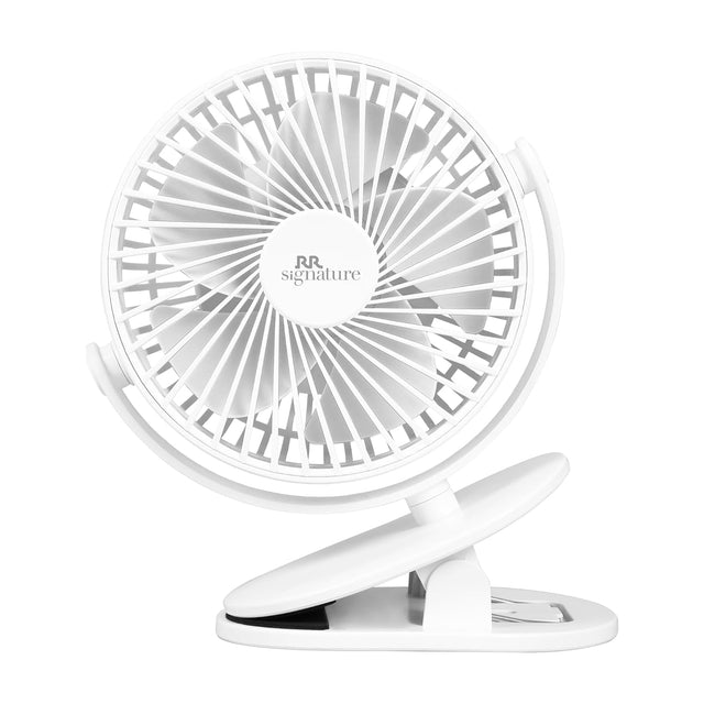 White clip-on fan with 'RR signature' branding on a white background