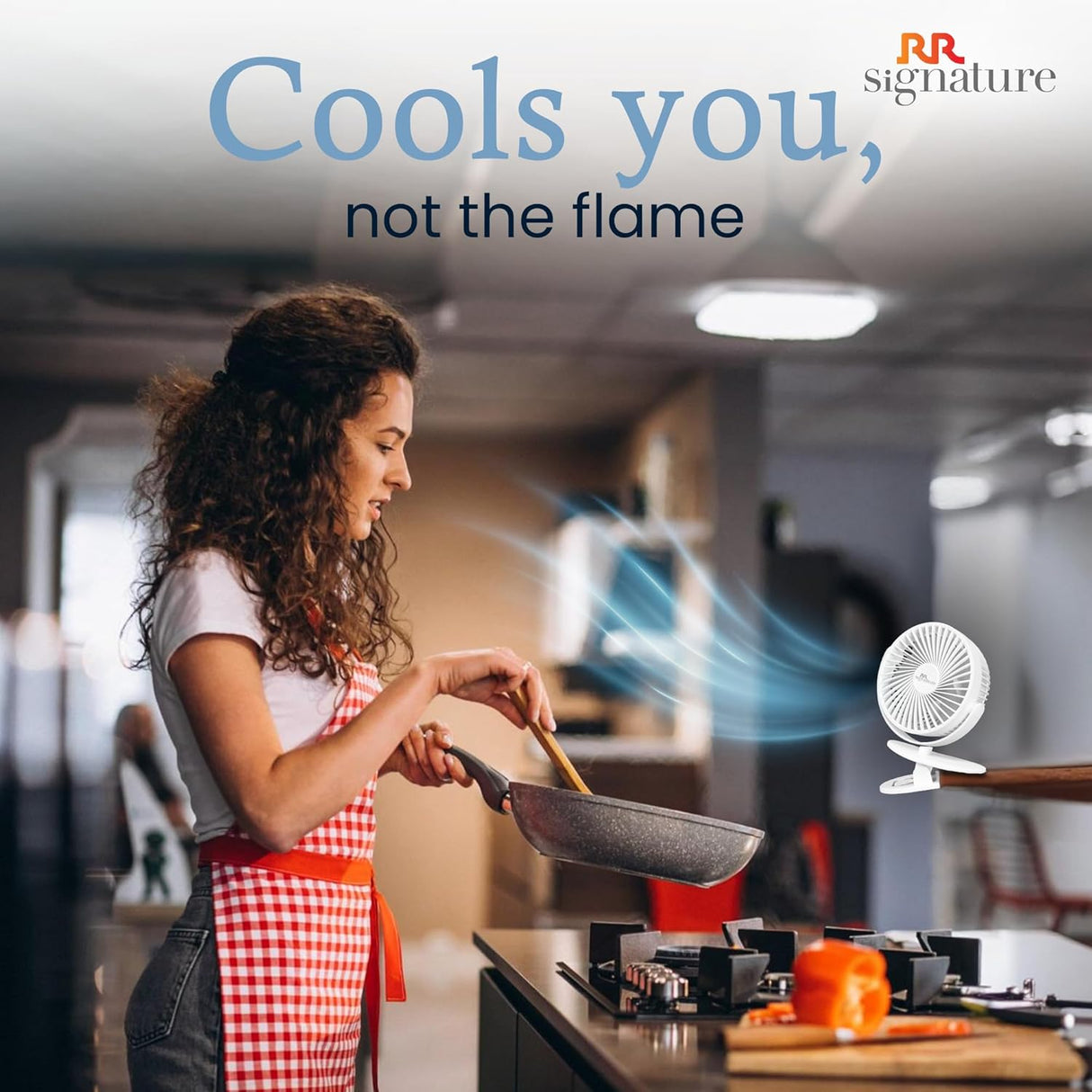 Woman in a kitchen using a fan to cool a pan, with 'RR signature' branding.
