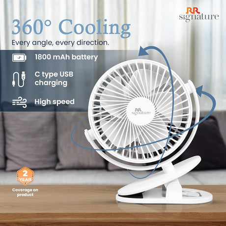 White clip fan with features listed on a blurred background