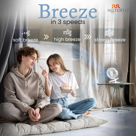 Two people sitting on the floor with a fan and 'Breeze' text indicating different breeze speeds.