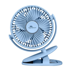 Blue clip fan with 'RR signature' branding on a white background