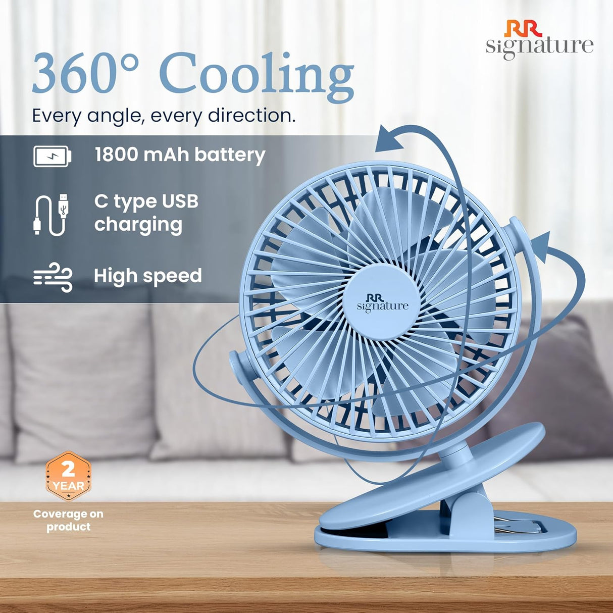 Blue clip fan with features listed on a white background