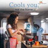 Woman in a kitchen using a fan to cool off, with 'RR signature' branding.
