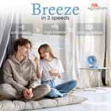 Two people sitting on a floor with a fan and 'Breeze' text indicating different breeze speeds.