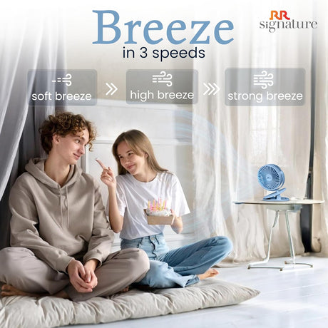 Two people sitting on a floor with a fan and 'Breeze' text indicating different breeze speeds.