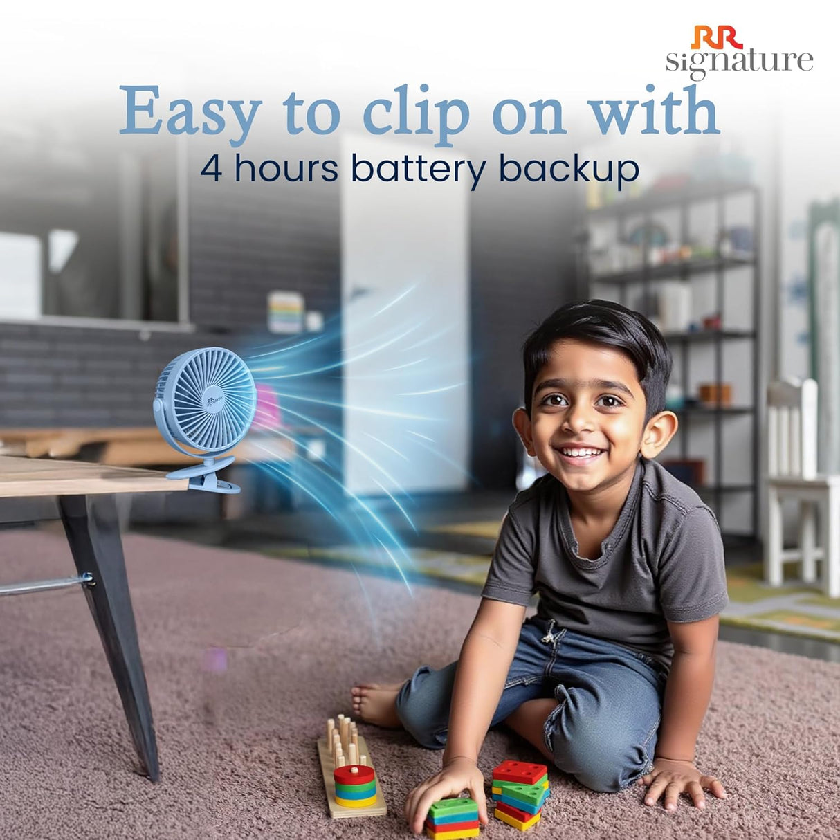 Child playing with toys in a room with a fan and text about battery backup