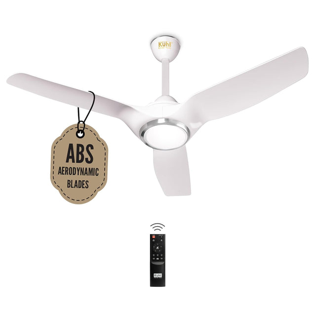Ceiling fan with ABS aerodynamic blades label and remote control on a white background