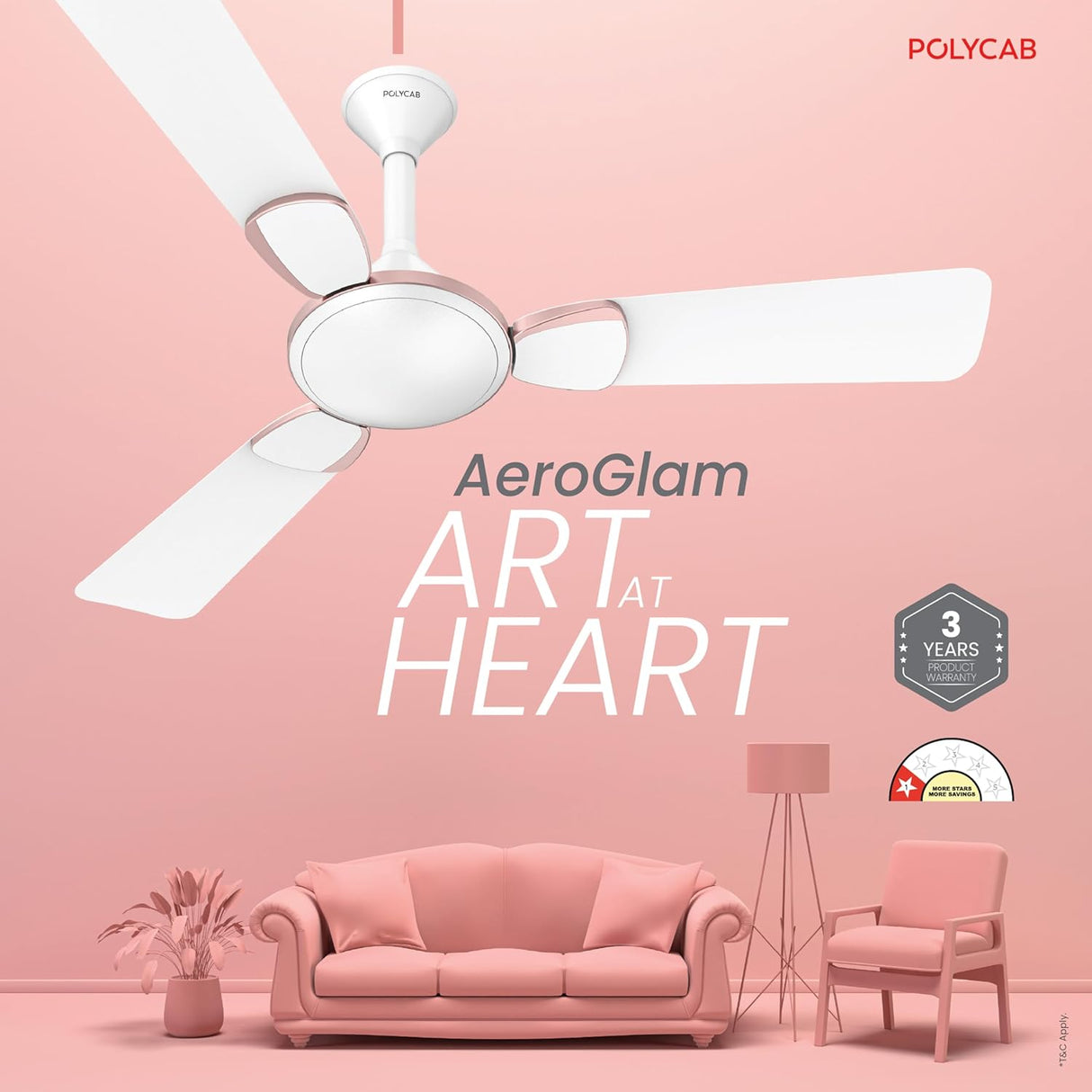 Ceiling fan with 'AeroGlam' branding on a pink background