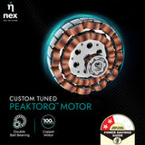 Custom tuned Peaktorq motor with nex branding on a dark background