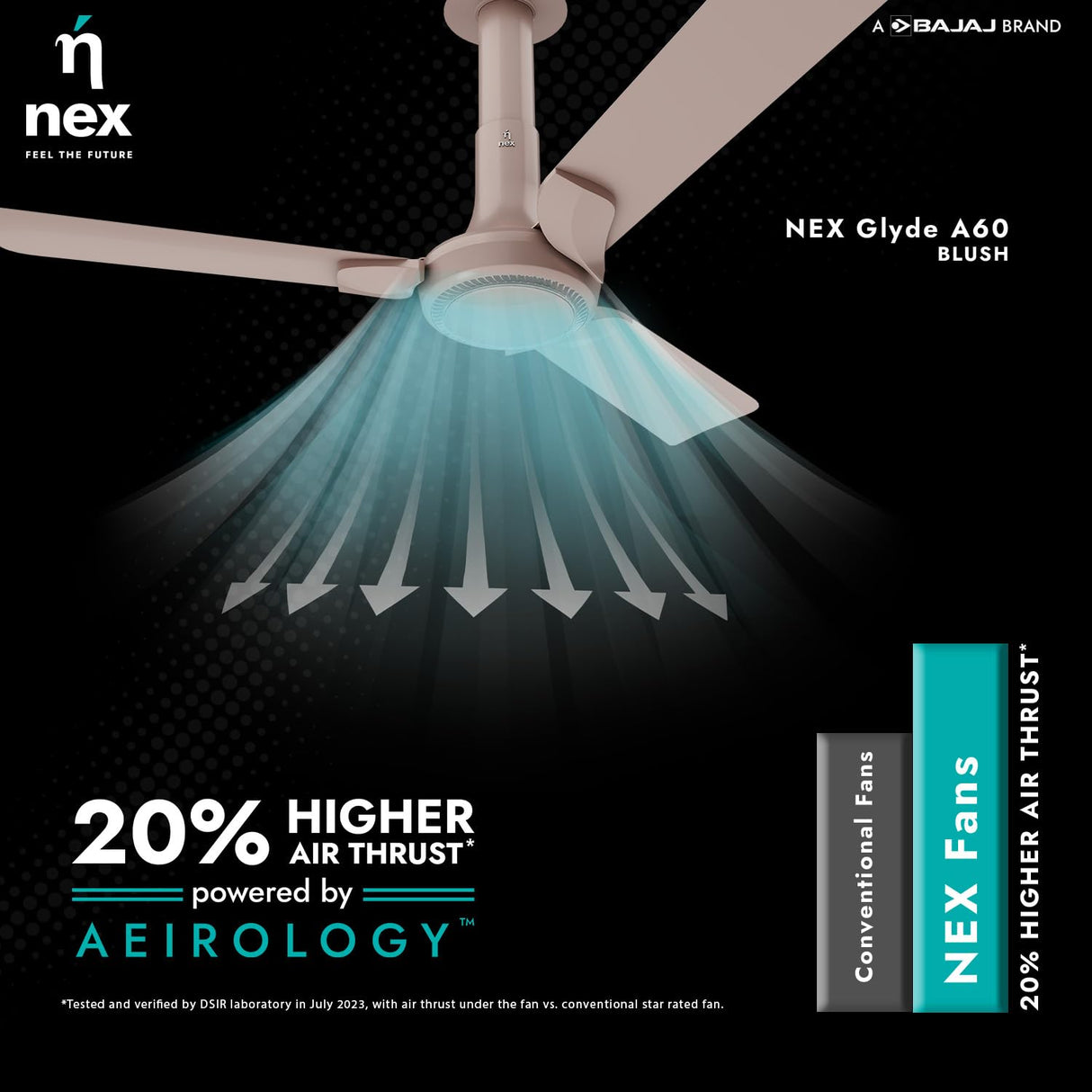 Nex ceiling fan with air thrust illustration on a black background