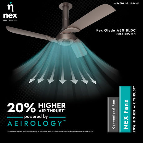 Ceiling fan with air thrust illustration and branding on a dark background