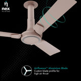 Ceiling fan with 'nex' branding and 'Airfluence Aluminum Blade' feature on a dark background