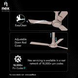 Ceiling fan with features highlighted on a black background, including 'EasyClean', 'Adjustable Down Rod Cover', and 'Nex' branding.