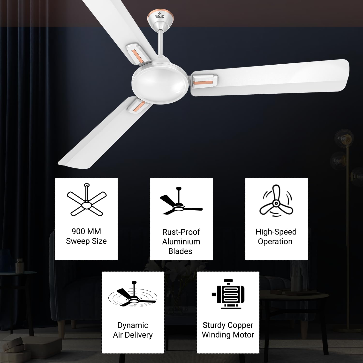 Polycab Vital Plus 900mm 1-Star Ceiling Fan (Satin White)