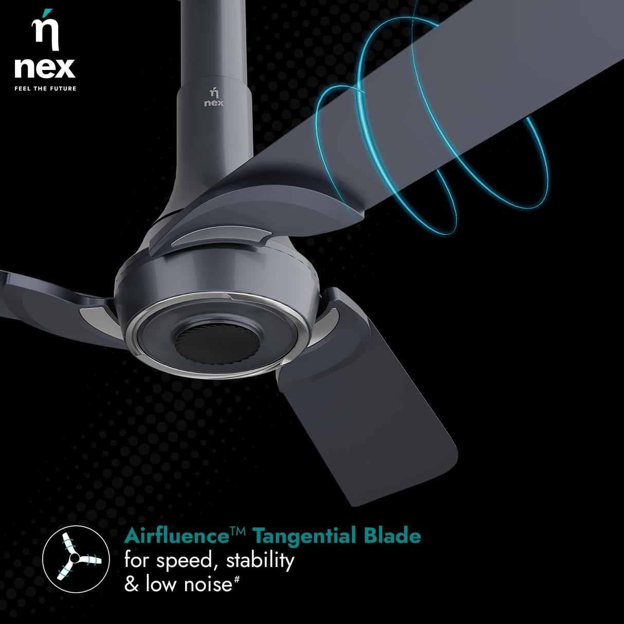 Ceiling fan with 'nex' branding and airfluence tangential blade feature on a dark background
