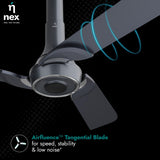 Ceiling fan with 'nex' branding and airfluence tangential blade feature on a dark background