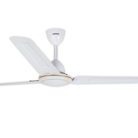 White ceiling fan with visible brand logo on a white background