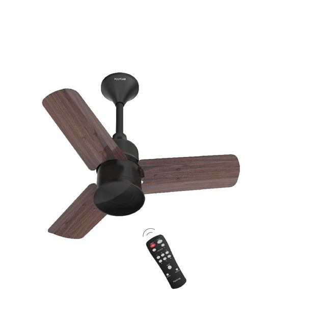 Ceiling fan with wooden blades and remote control on a white background