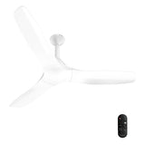 A modern three-blade ceiling fan in matte white with a matching remote control, shown against a solid white background.