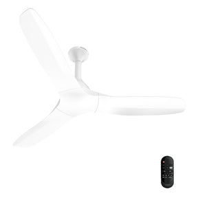 A modern three-blade ceiling fan in matte white with a matching remote control, shown against a solid white background.