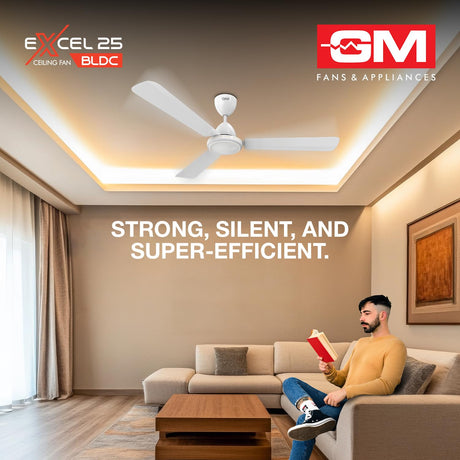 Living room with a ceiling fan, GM Fans & Appliances logo, and text about fan features.