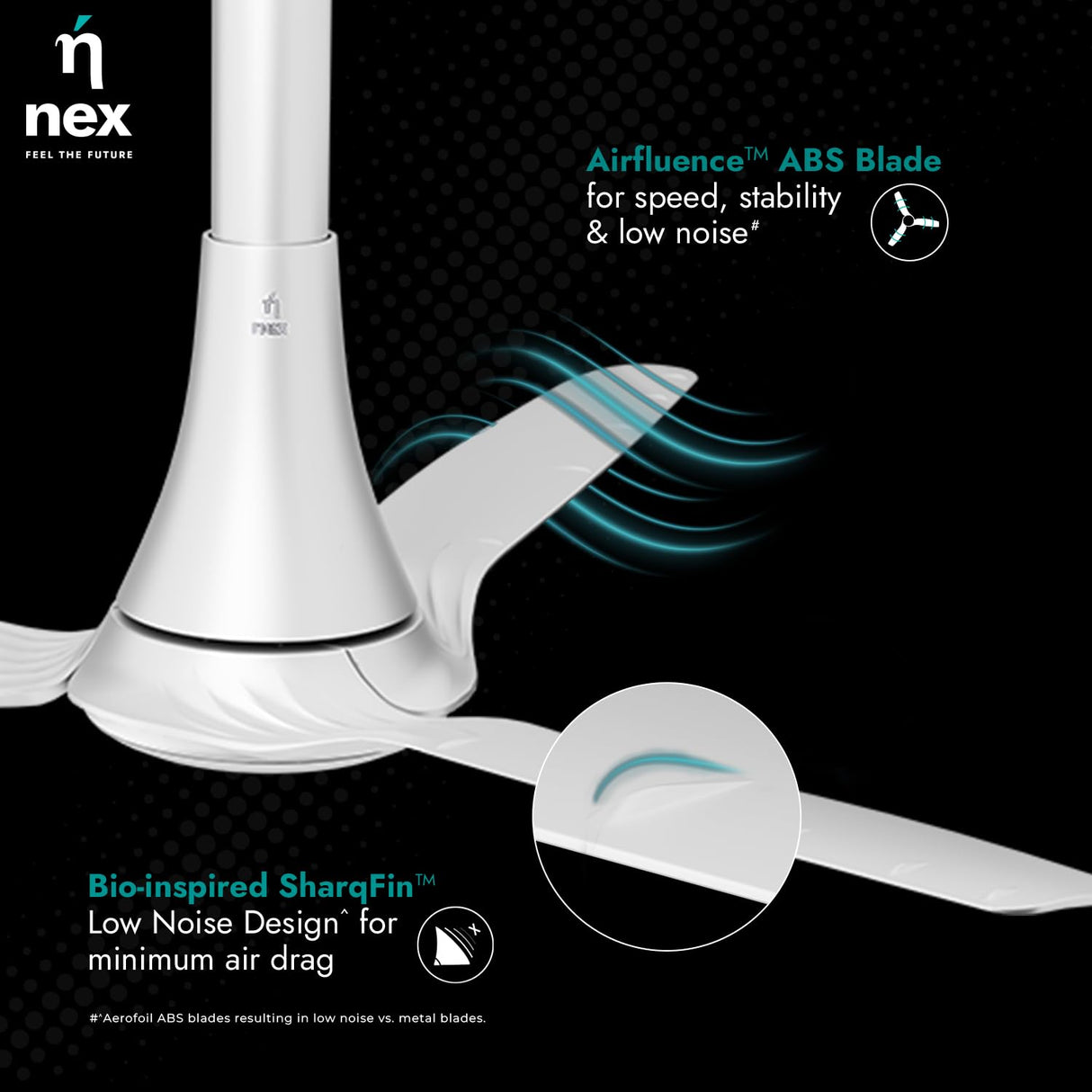 White ceiling fan with 'nex' branding on a black background