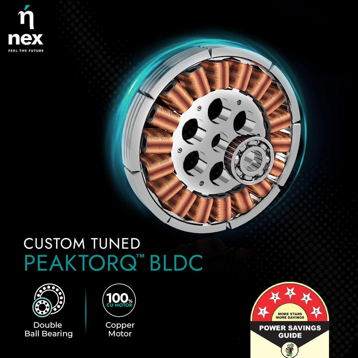 Custom tuned Peaktorq BLDC motor with nex branding on a dark background