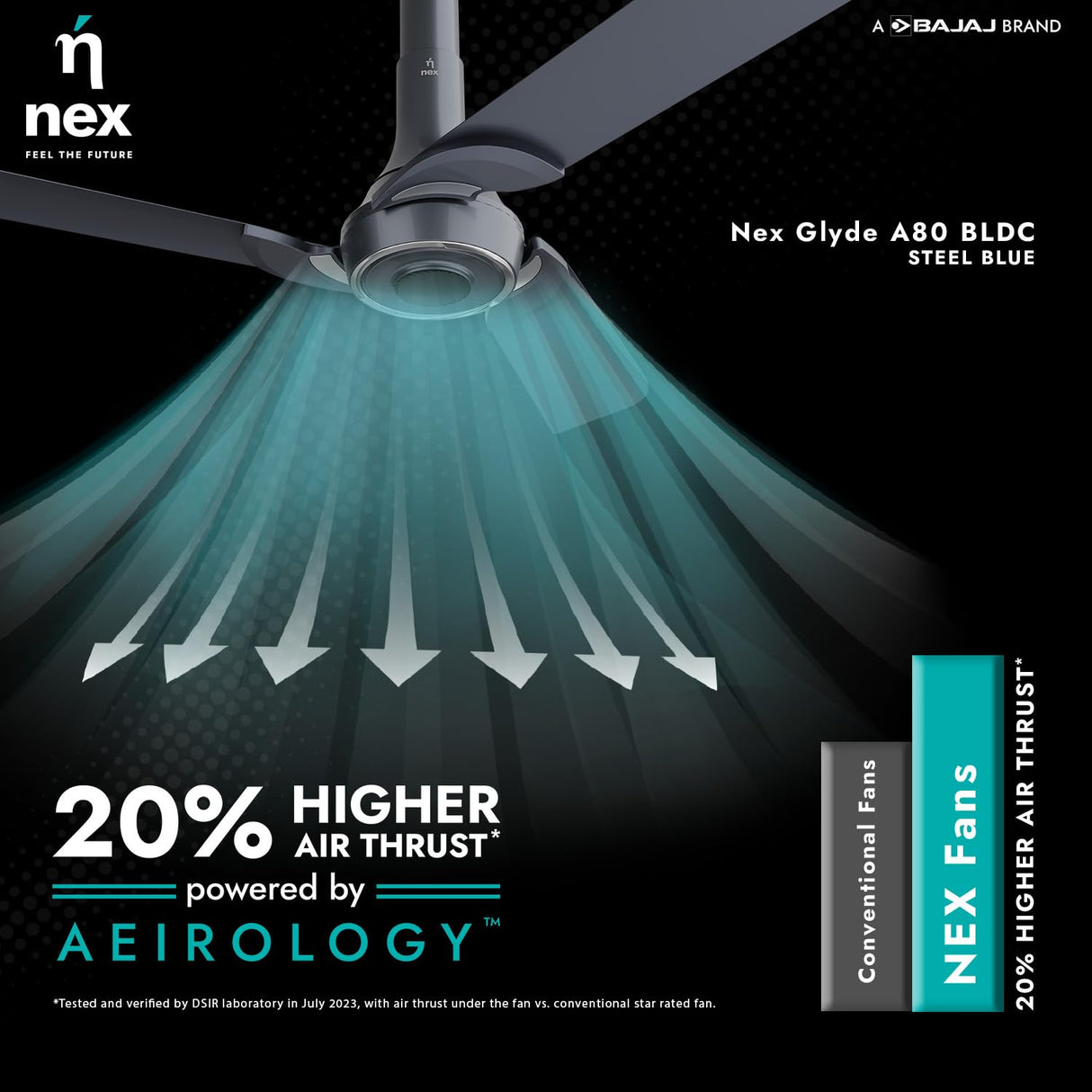 Ceiling fan with air thrust illustration and Nex branding on a dark background