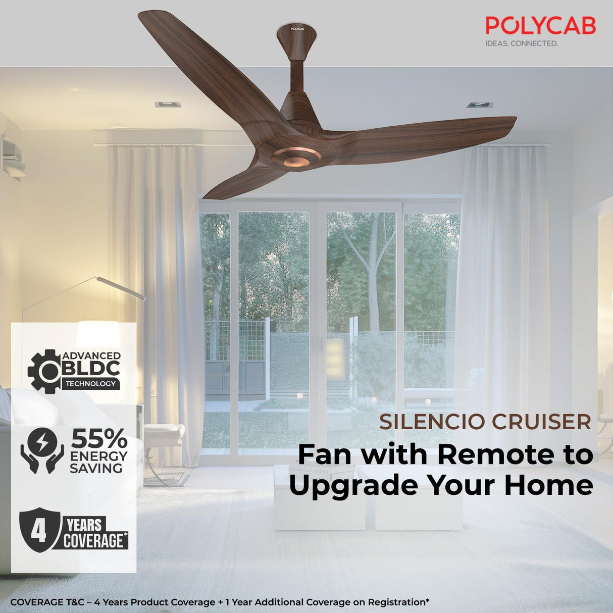 Polycab Silencio Cruiser 1200mm Ceiling Fan (Walnut Wood Copper)