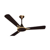 Ceiling fan with black blades and gold center on a white background