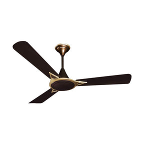 Ceiling fan with black blades and gold center on a white background