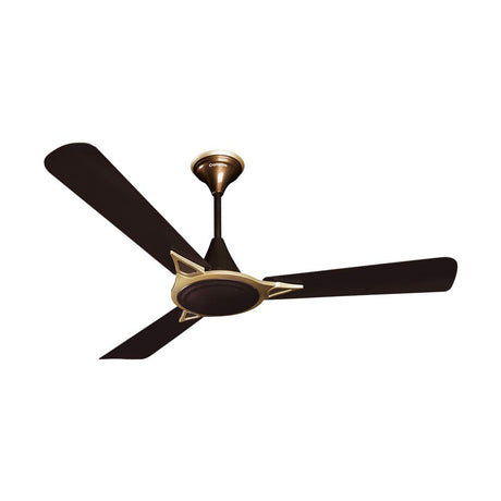 Ceiling fan with black blades and gold center on a white background