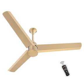 A Polycab Silencio Mini 900mm ceiling fan in Birkin Gold color with a remote control.