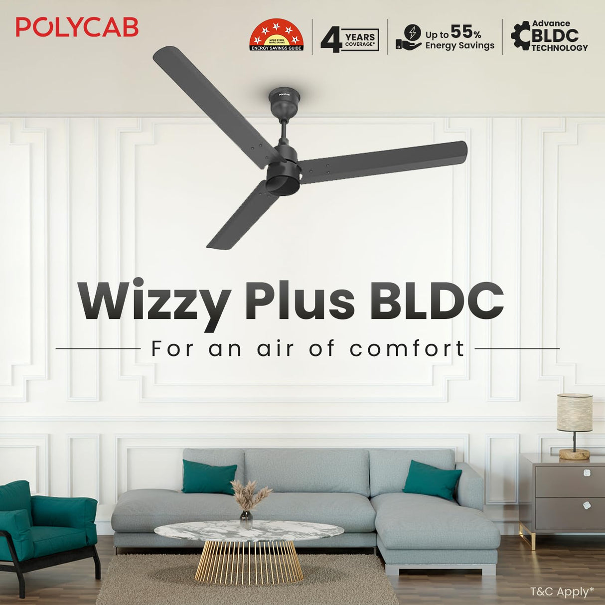 Polycab Wizzy Plus 1200mm 5-Star BLDC Ceiling Fan With remote (Matt Black)