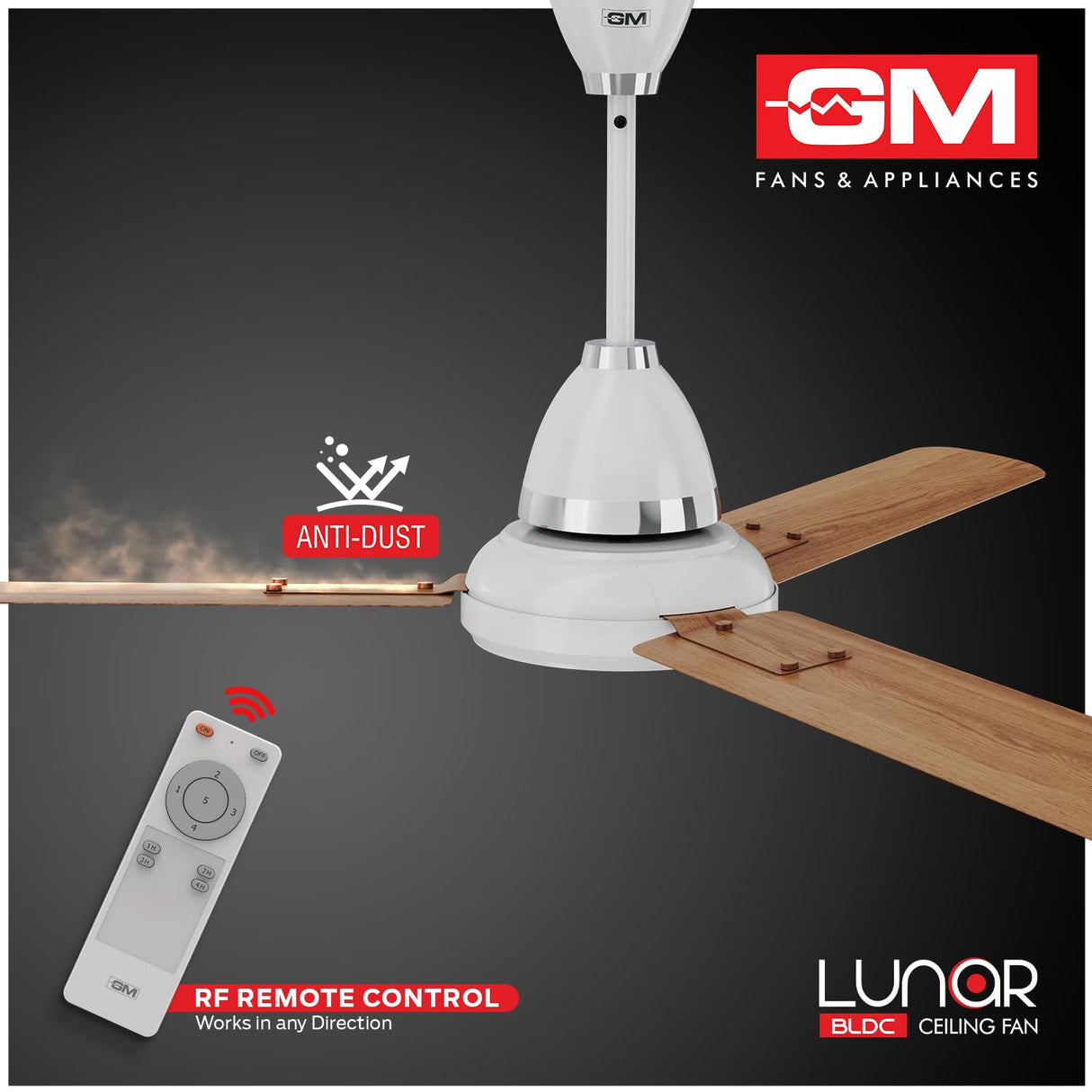 Ceiling fan with remote control on a dark background, featuring GM Fans & Appliances logo.