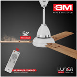 Ceiling fan with remote control on a dark background, featuring GM Fans & Appliances logo.