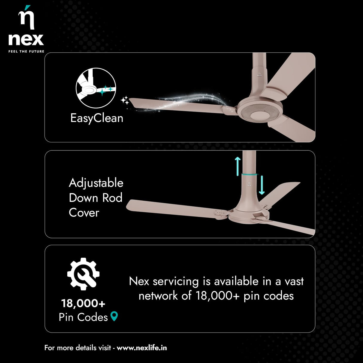 Ceiling fan with features highlighted on a black background, including 'EasyClean', 'Adjustable Down Rod Cover', and 'Nex' branding.