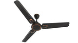 Black ceiling fan with three blades on a white background