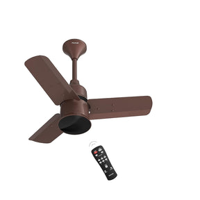 Brown ceiling fan with remote control on a white background