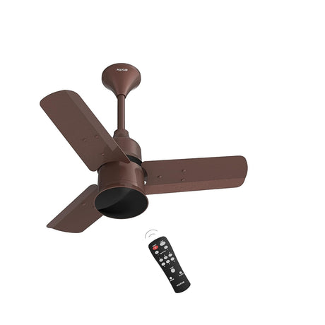 Brown ceiling fan with remote control on a white background
